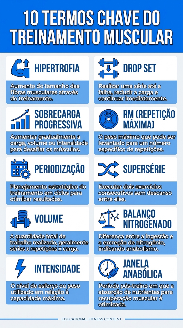 Infográfico com os 10 principais termos de musculação explicados para personal trainer