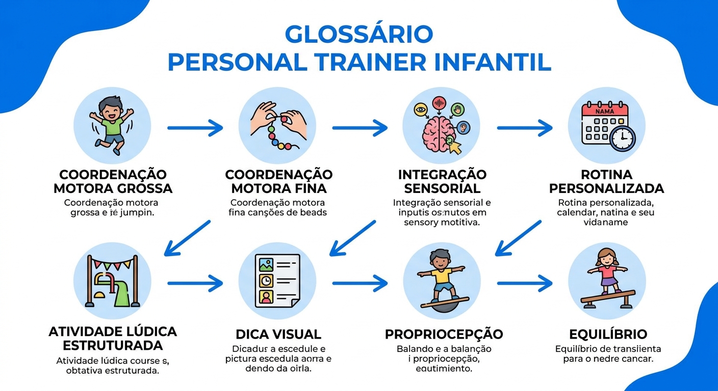 infográfico educativo com ícones coloridos ilustrando termos do glossário para personal trainer de crianças autistas