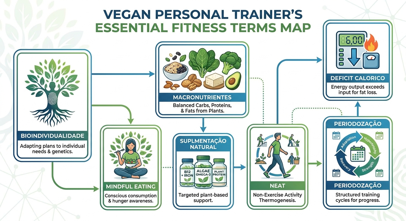 Infográfico com mapa visual dos principais termos do glossário personal trainer vegano: Bioindividualidade, Déficit Calórico, Macronutrientes, NEAT, Periodização, Mindful Eating e Suplementação Natural