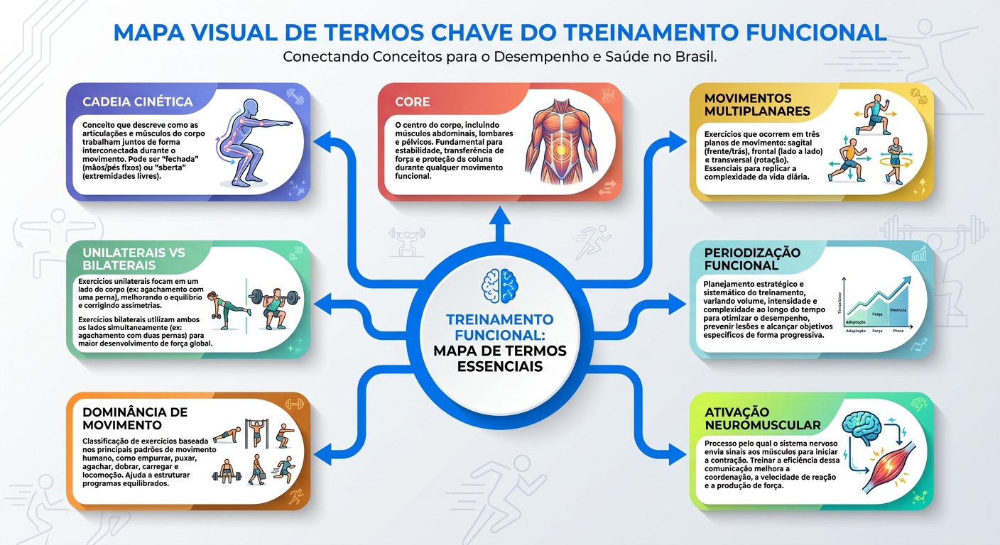 Glossário visual: 7 termos do Treinamento Funcional Infográfico com os 7 termos essenciais do treinamento funcional para personal trainer