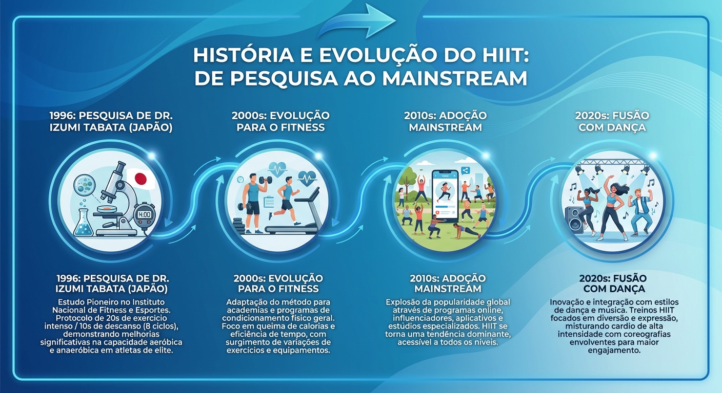 Infográfico com a linha do tempo do HIIT desde 1996 até a fusão com a dança urbana nos anos 2020