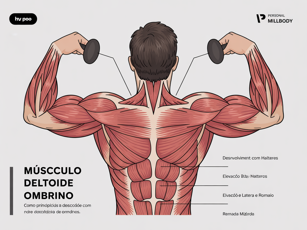 Infográfico completo sobre como hipertrofiar ombros, mostrando a anatomia do deltoide e os melhores exercícios.