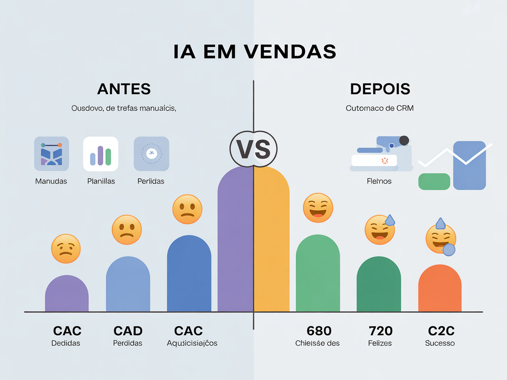 Infográfico comparando o antes e depois da implementação de IA em vendas, mostrando a redução do CAC e o aumento da produtividade.