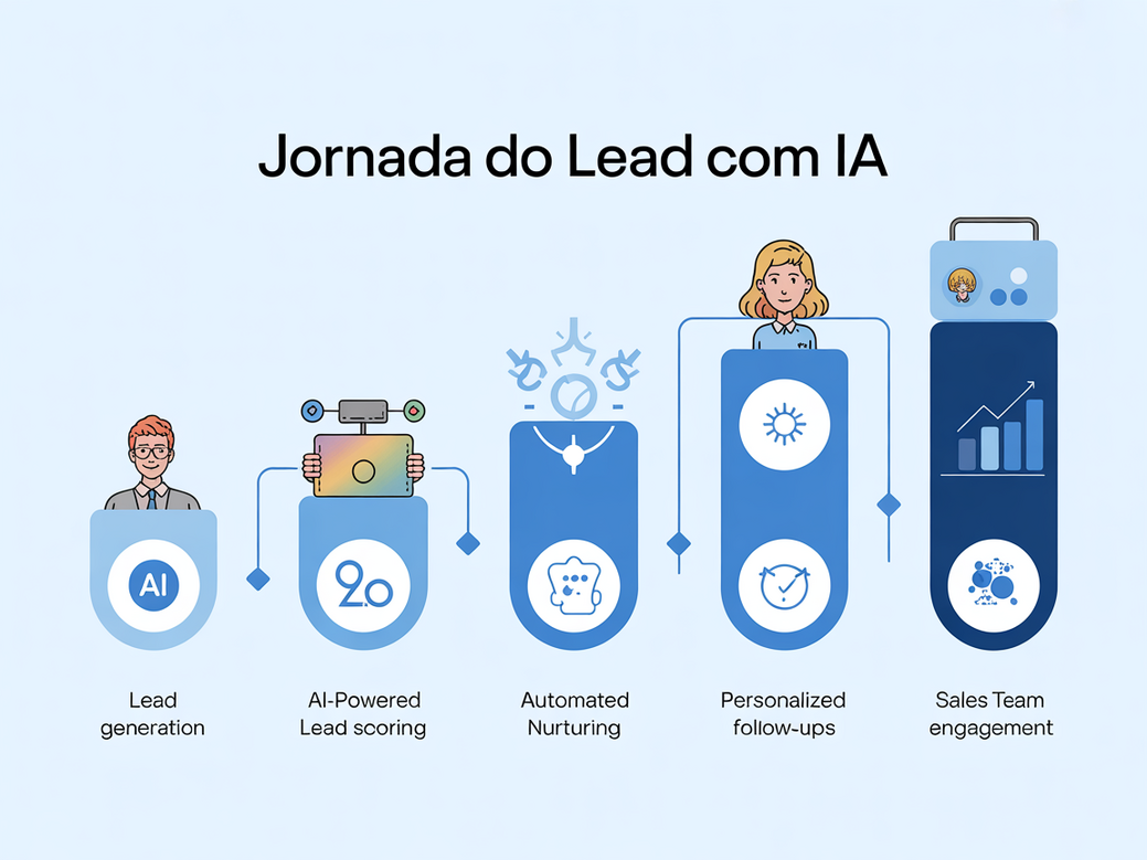 Infográfico da jornada do lead com uma equipe de vendas com IA, mostrando desde a geração até o fechamento.