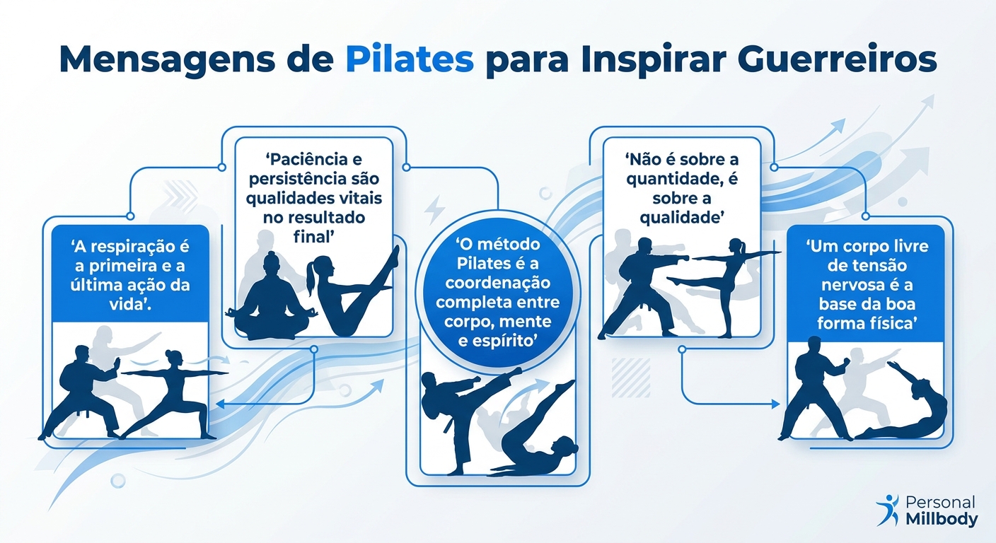 Infográfico com mensagens de Pilates para inspirar instrutores de artes marciais e alunos