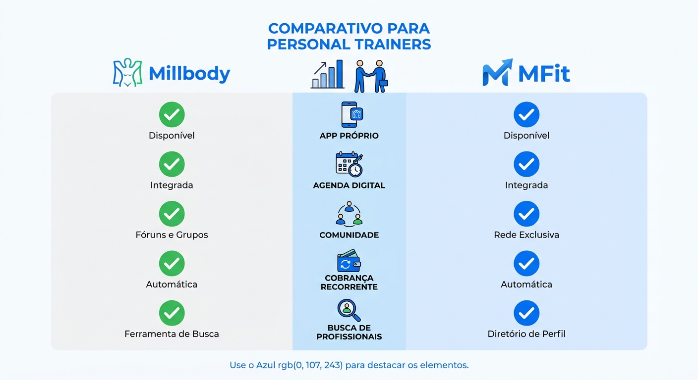 Infográfico comparativo Millbody vs MFit para personal trainer vegano com ícones de funcionalidades exclusivas
