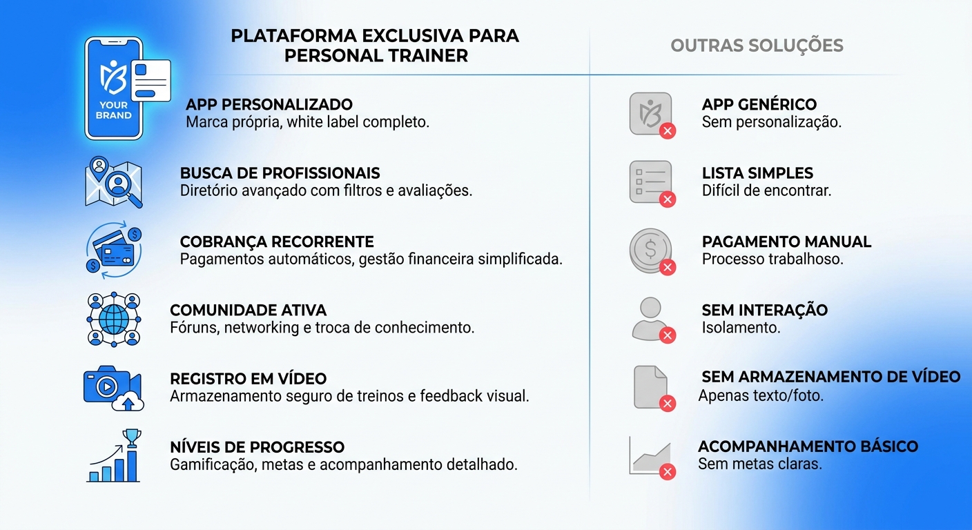Recursos exclusivos da plataforma para personal trainer Personal Millbody para instrutores de calistenia e ginástica laboral Infográfico comparativo Millbody vs outras plataformas para personal trainer com recursos exclusivos