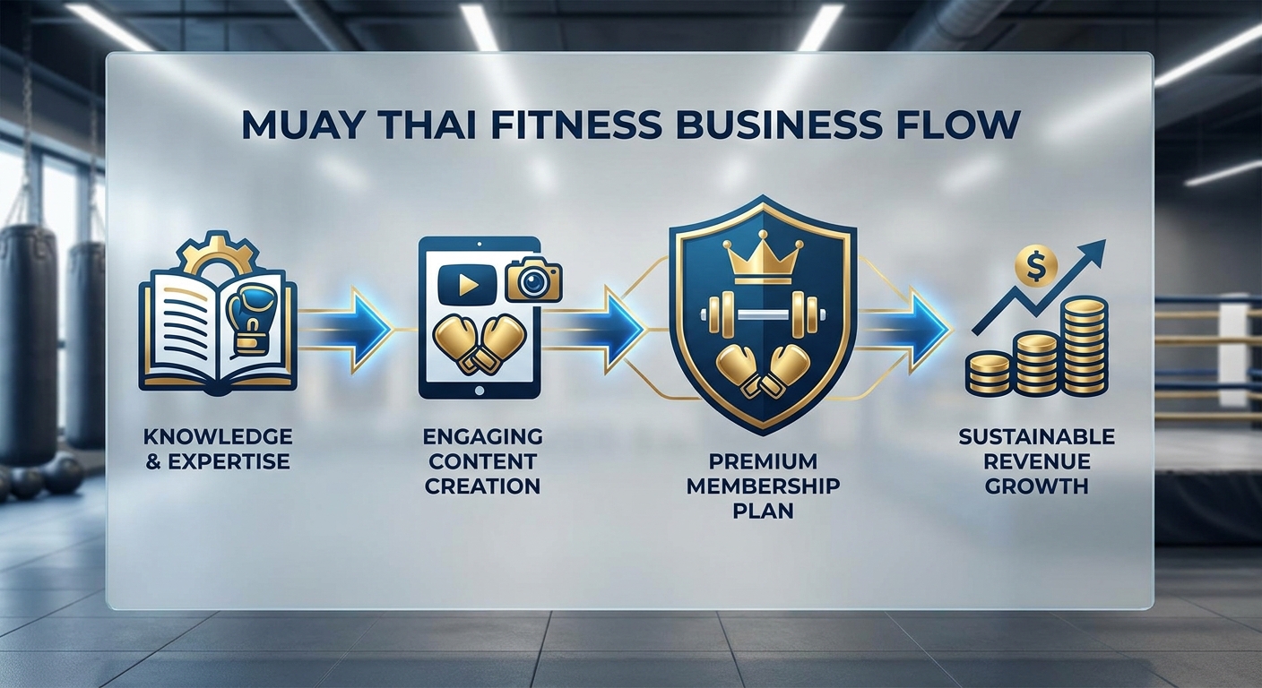 Infográfico: fluxo de monetização do conhecimento em Muay Thai para personal trainer digital
