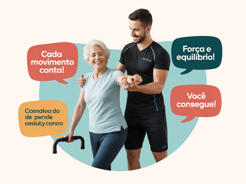 Infográfico com um personal trainer usando mensagens de motivação para ajudar um idoso em um exercício de mobilidade articular.