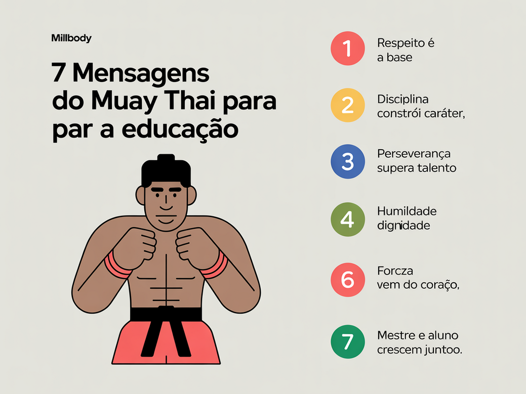 Infográfico com os 5 pilares do Muay Thai aplicados à educação: Respeito, Disciplina, Perseverança, Coragem e Humildade.