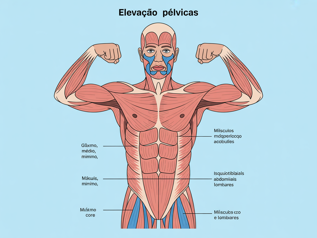 Infográfico detalhado mostrando os músculos trabalhados na elevação pélvica: glúteos máximo, médio e mínimo, isquiotibiais e o core (abdominais e lombar).