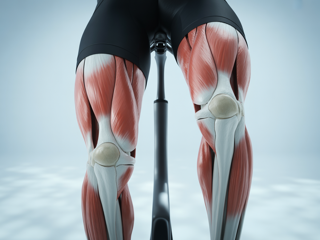 Infográfico mostrando os músculos mais tensos no ciclismo que o alongamento para ciclistas ajuda a relaxar: quadríceps, isquiotibiais, glúteos e lombar.