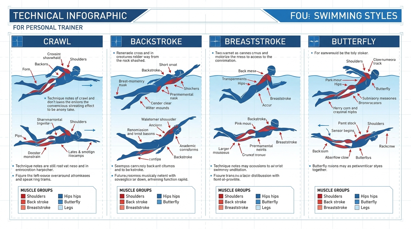 Infográfico comparativo dos quatro nados: Crawl, Costas, Peito e Borboleta com destaque muscular