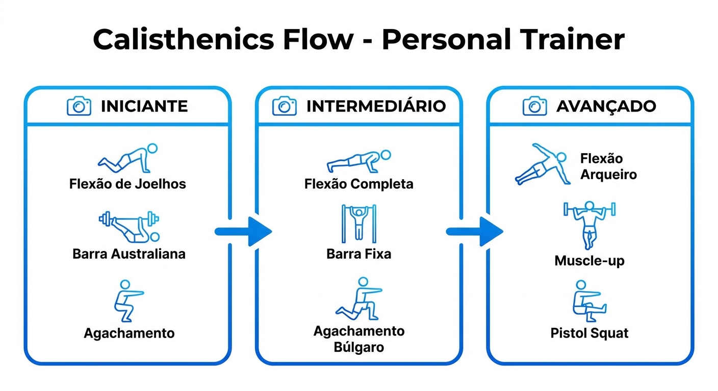 Infográfico com fluxo de progressão por níveis na calistenia para personal trainer: iniciante, intermediário e avançado com checkpoints de vídeo
