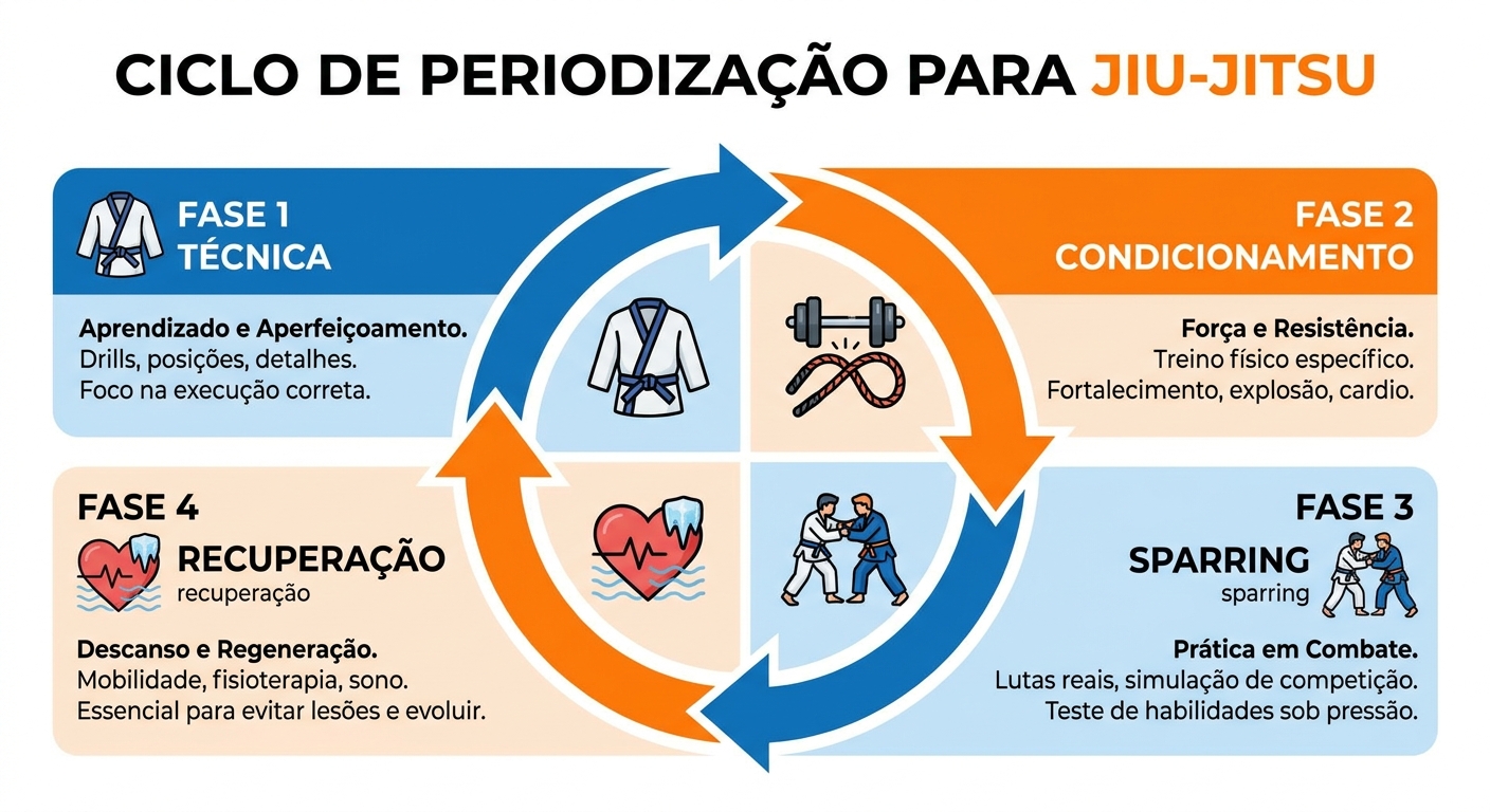 Ciclo de Periodização no Jiu-Jitsu com fases técnica, condicionamento, sparring e recuperação