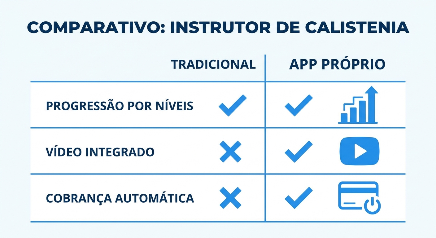infográfico comparativo mostrando itens essenciais para instrutor de calistenia e como o Personal Millbody atende cada necessidade