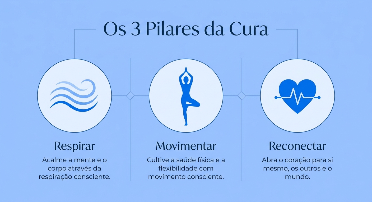 Infográfico Os 3 Pilares da Cura no Desafio Vitalizen: Respirar, Movimentar, Reconectar