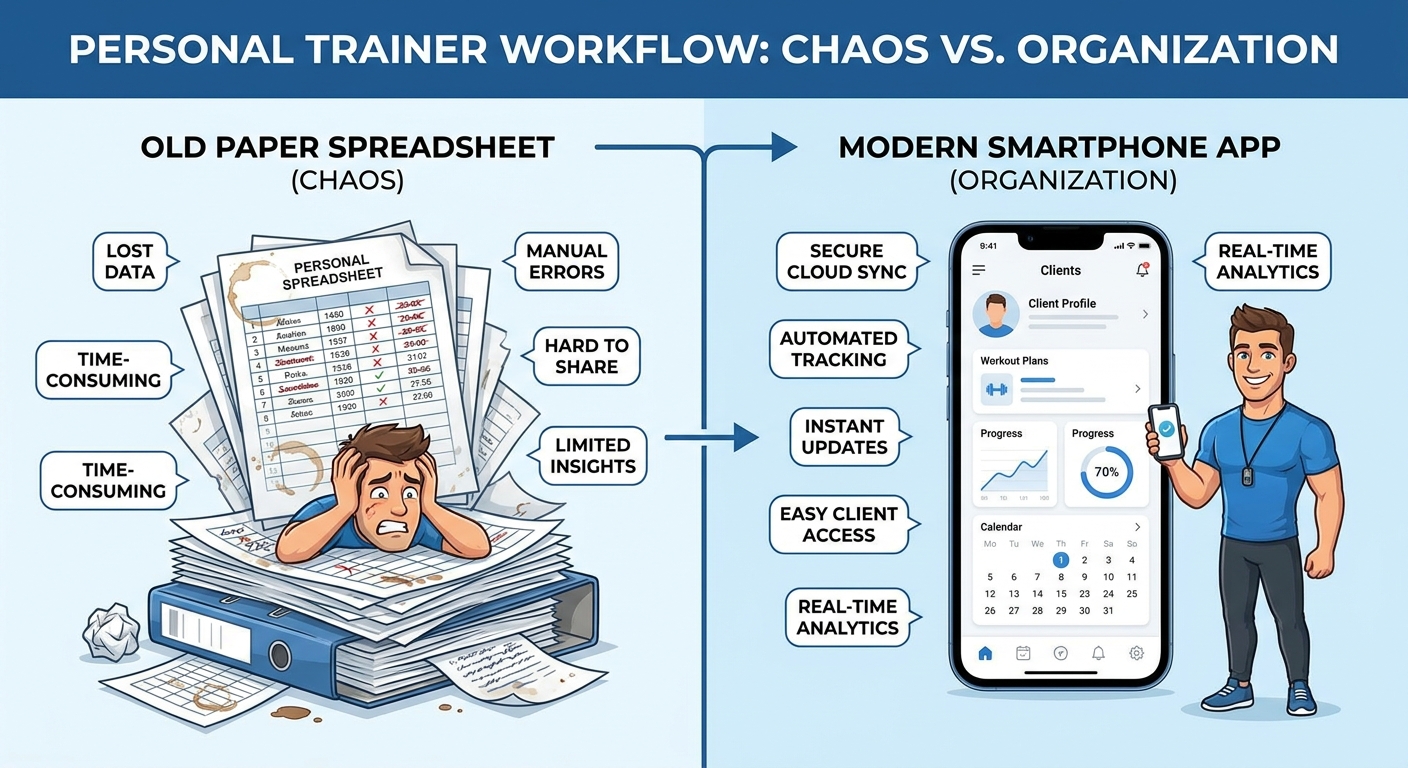 Infográfico comparativo entre planilha de treino e app para personal trainer