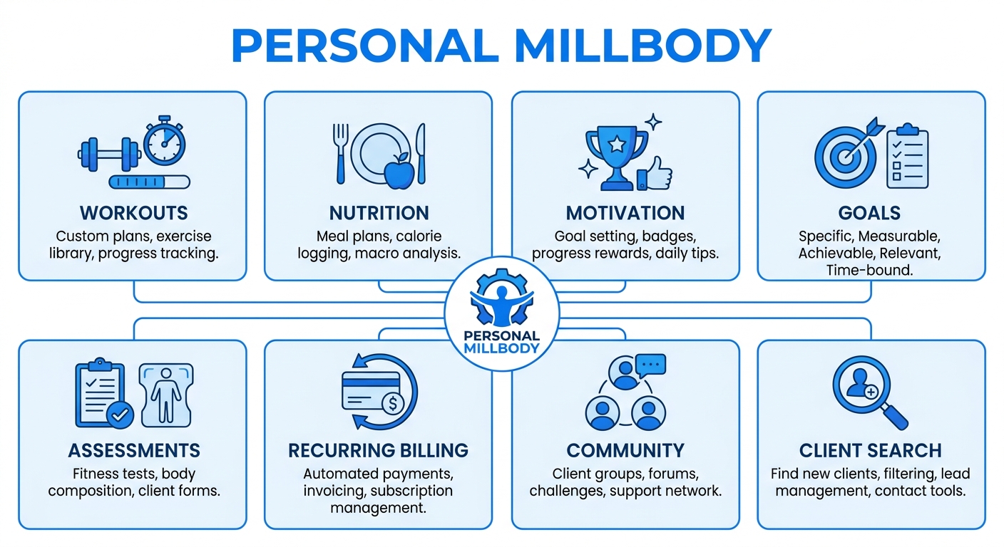 Infográfico da plataforma para personal trainer com recursos do Personal Millbody