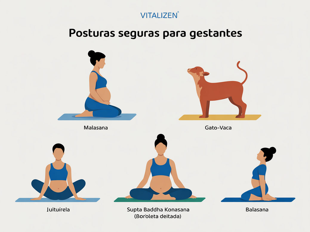 Infográfico com 4 posturas de yoga seguras para gestantes: Malasana (Agachamento), Gato-Vaca, Borboleta Deitada e Postura da Criança.