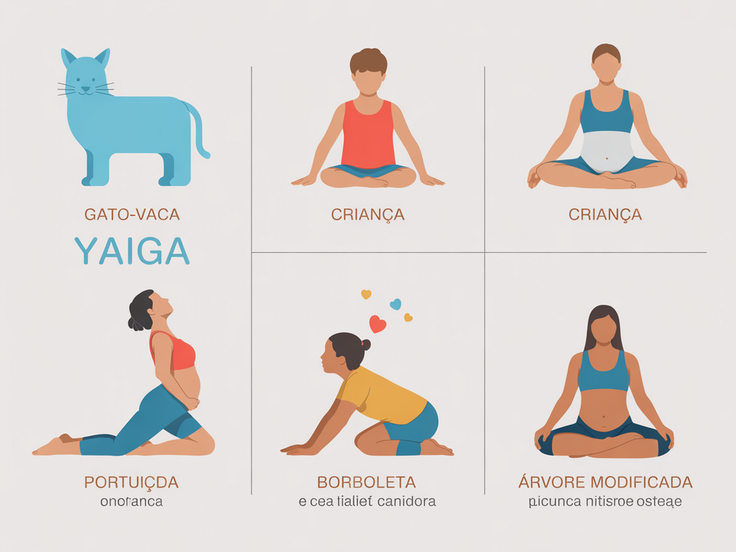 Infográfico com posturas de yoga para gestantes, como Gato-Vaca, Borboleta e Guerreira II, seguras para a gravidez.