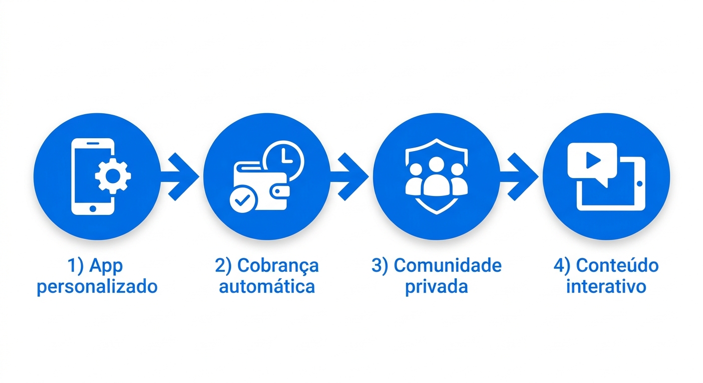Infográfico mostrando os recursos do Personal Millbody: app personalizado, cobrança automática, comunidade privada e conteúdo interativo