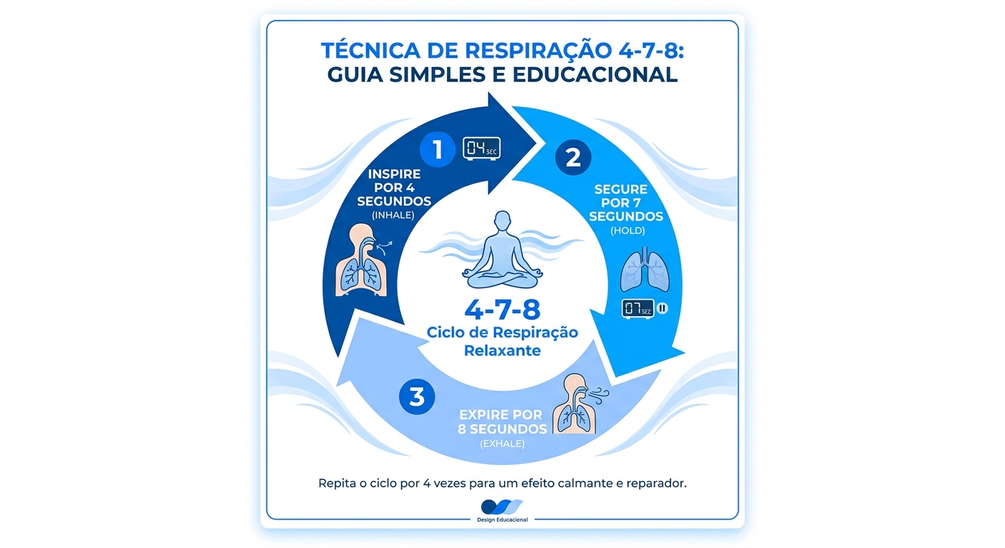 Infográfico da técnica de respiração 4-7-8 para meditação e relaxamento rápido