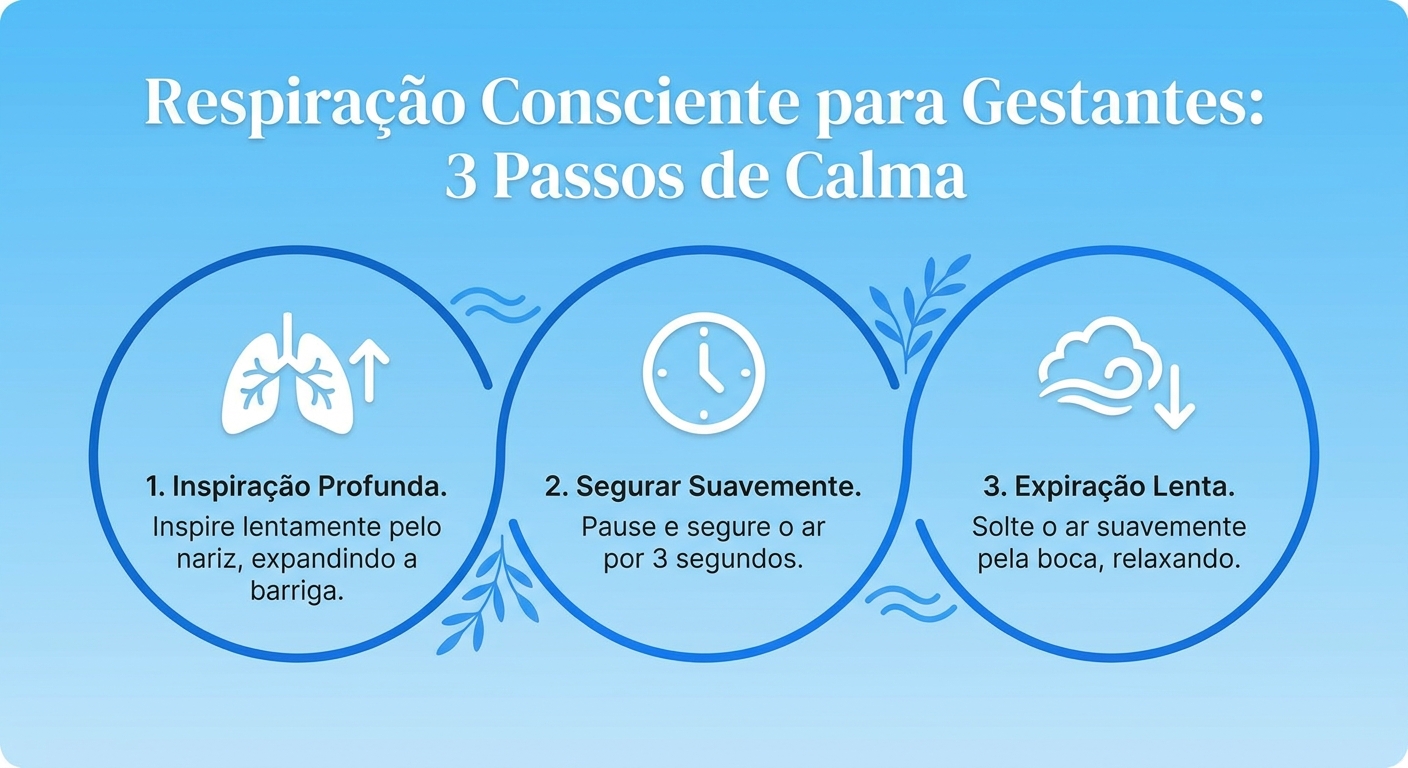 Infográfico com 3 passos de respiração para gestantes - meditação na gravidez