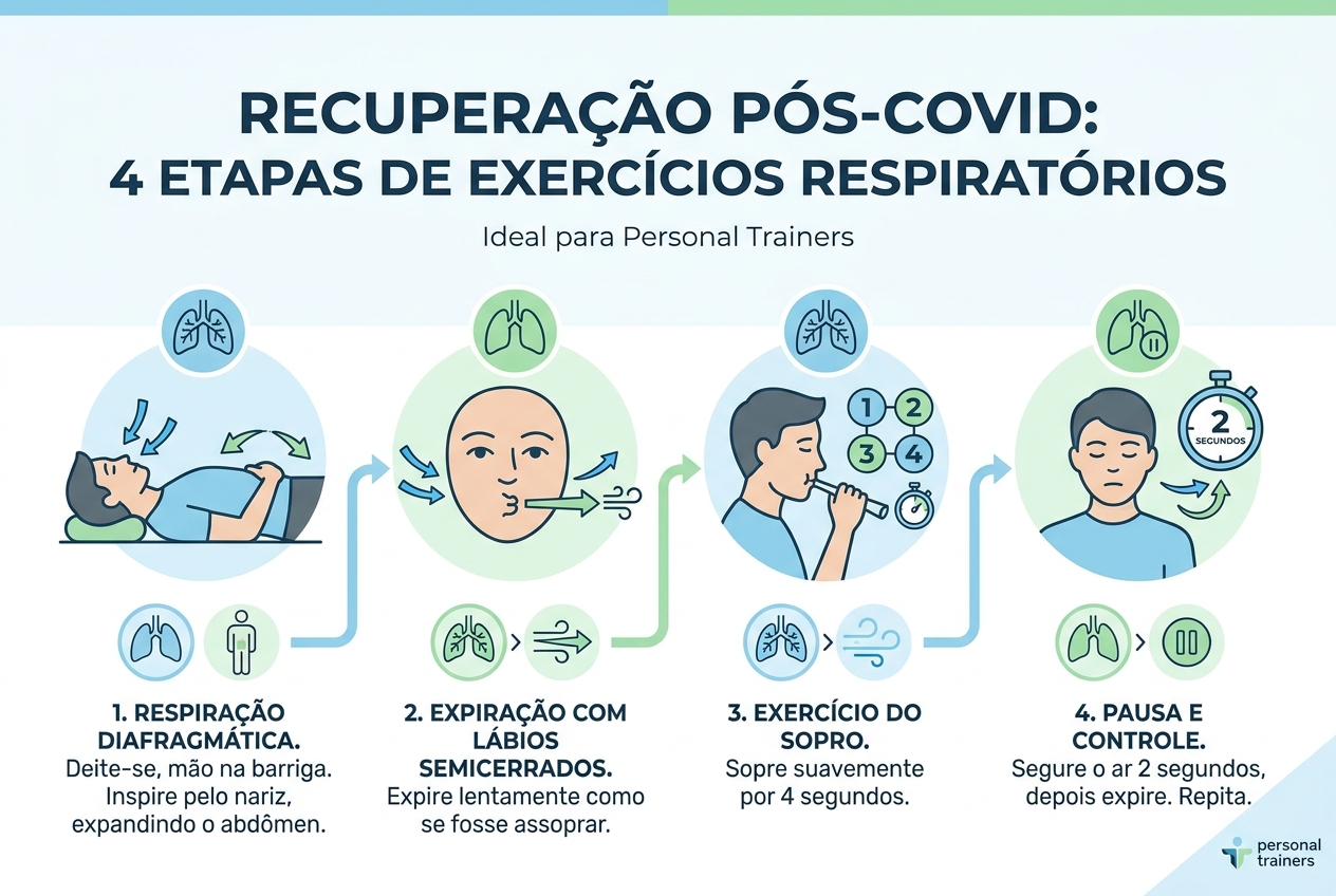 Infográfico com 4 exercícios de respiração para recuperação pós-Covid – personal trainer pode aplicar com alunos