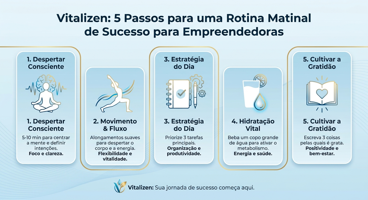 Infográfico com 5 passos da rotina matinal Vitalizen: Meditação, Yoga, Planejamento, Hidratação e Gratidão.