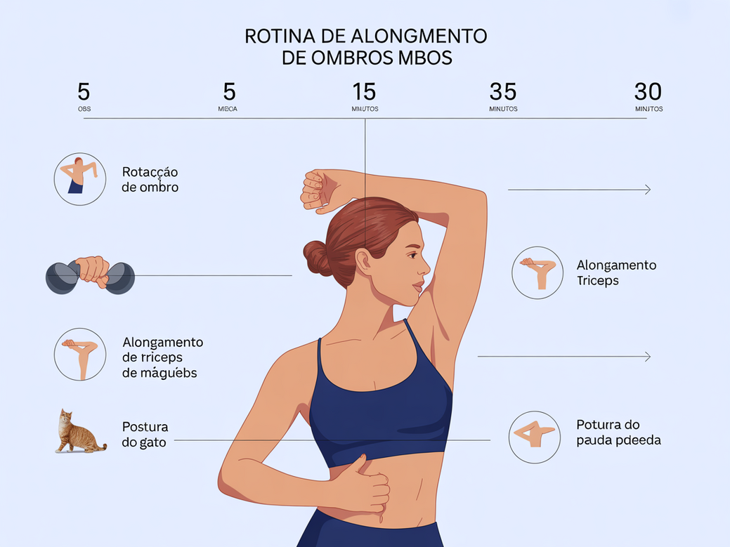 Infográfico com uma rotina de alongamento de ombro dividida em sessões de 5, 15 e 30 minutos.