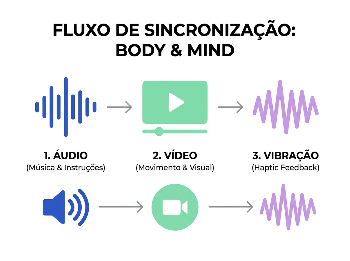 Infográfico explicando sincronização de áudio, vídeo e vibração em aulas body & mind