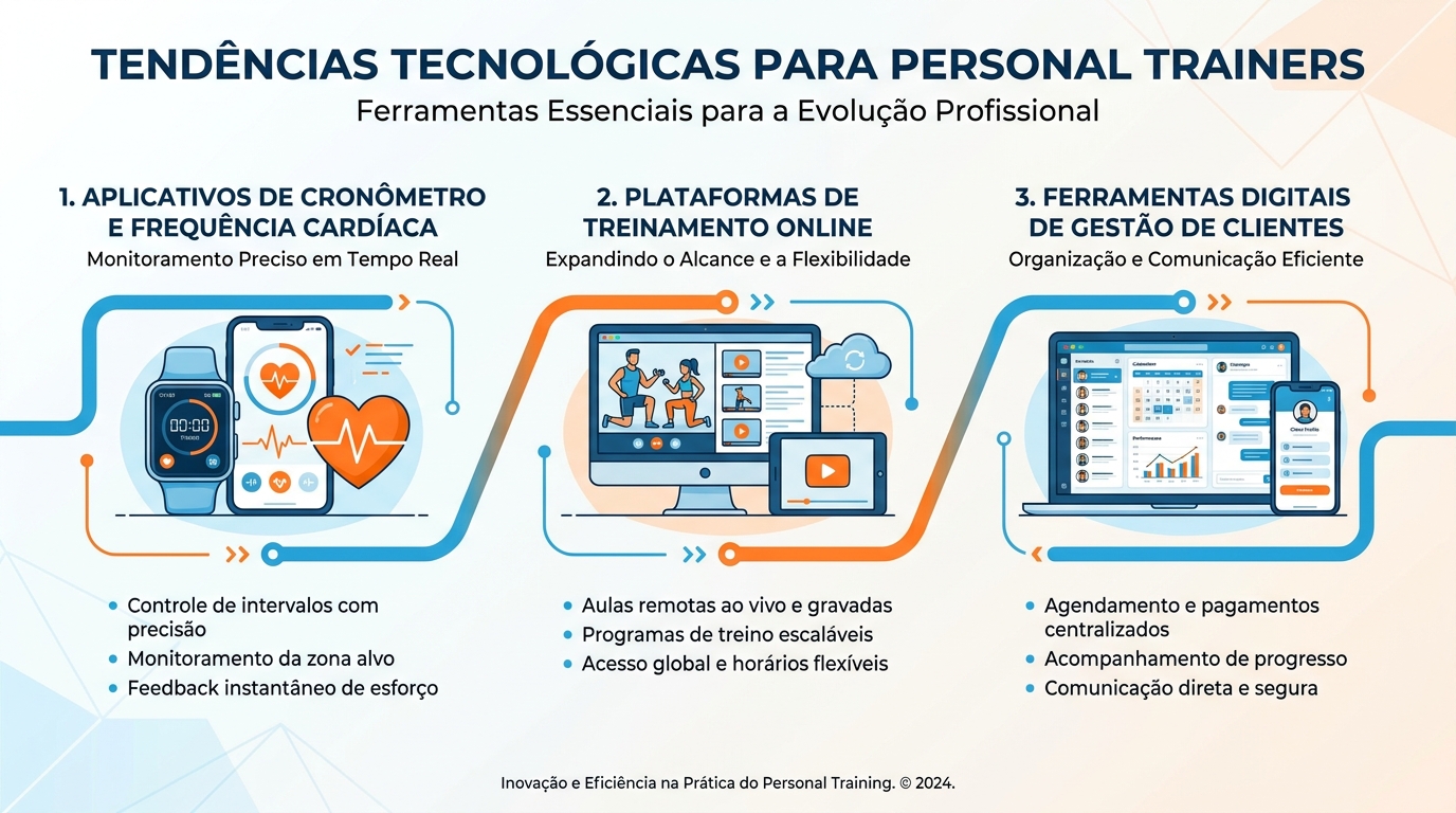 Infográfico com 3 tendências tecnológicas para personal trainer: apps de cronômetro e batimento, plataformas online e ferramentas de gestão de clientes