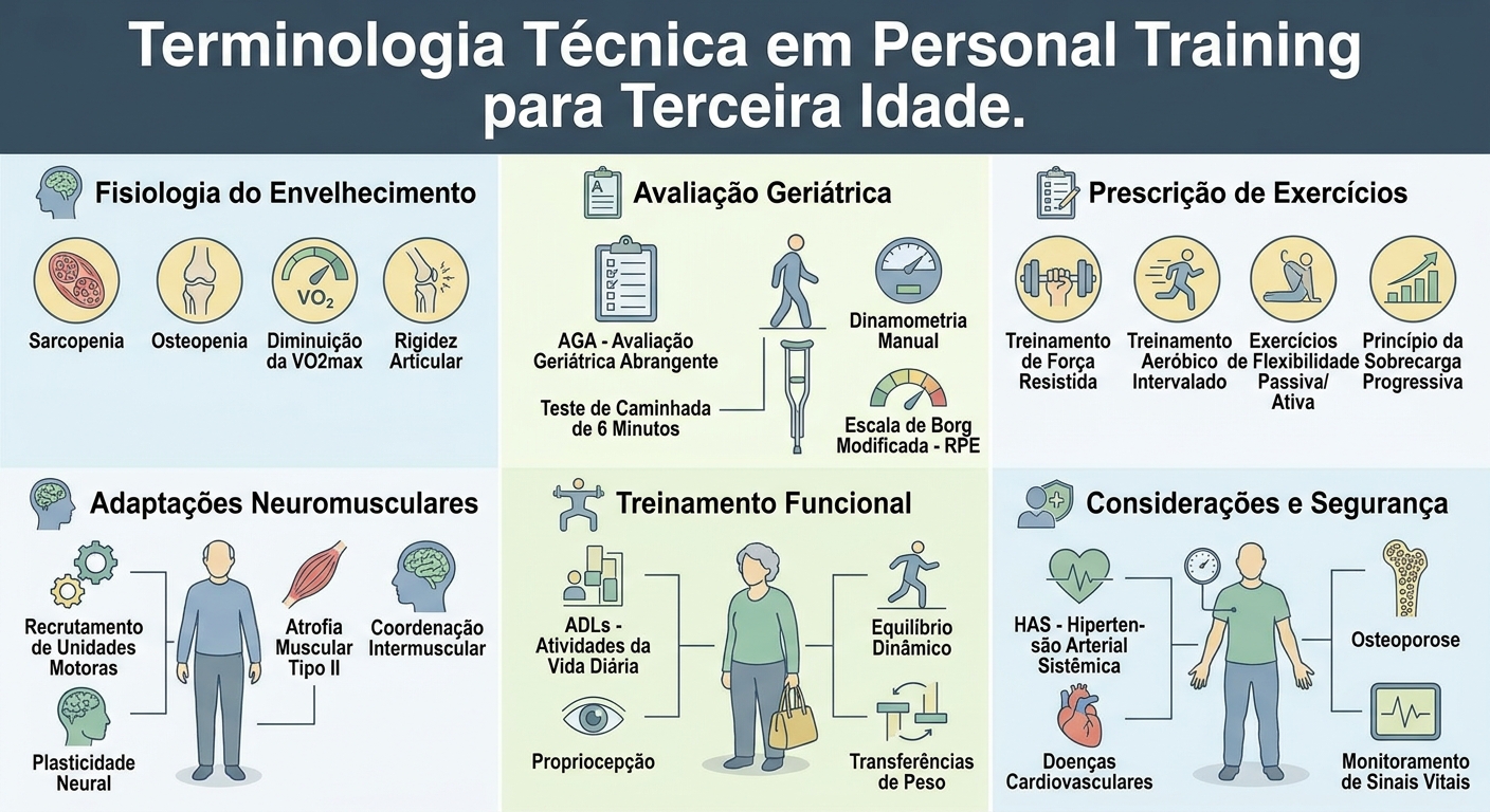 Infográfico com as principais terminologias que um personal trainer para terceira idade precisa saber