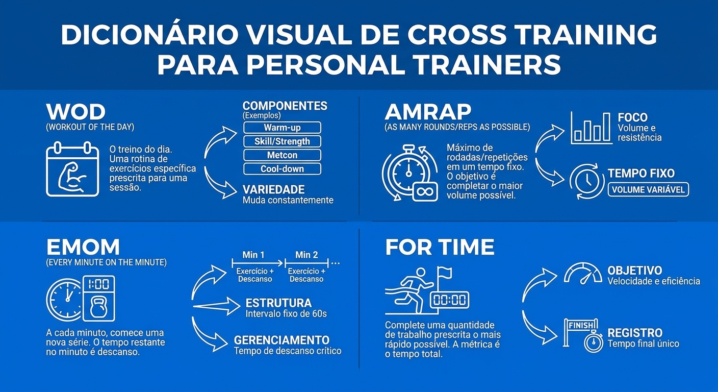 Infográfico com os principais termos do cross training: WOD, AMRAP, EMOM e For Time