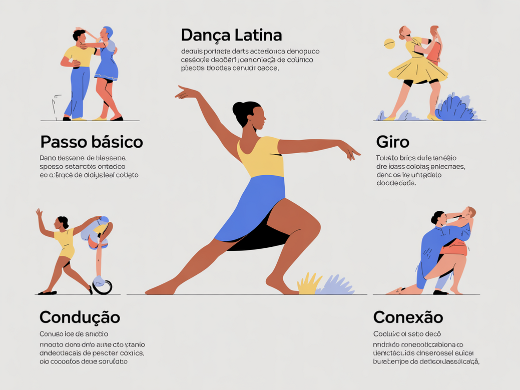 Infographic of key Latin dance terms like basic step, cross-body lead, and connection, essential for teachers.
