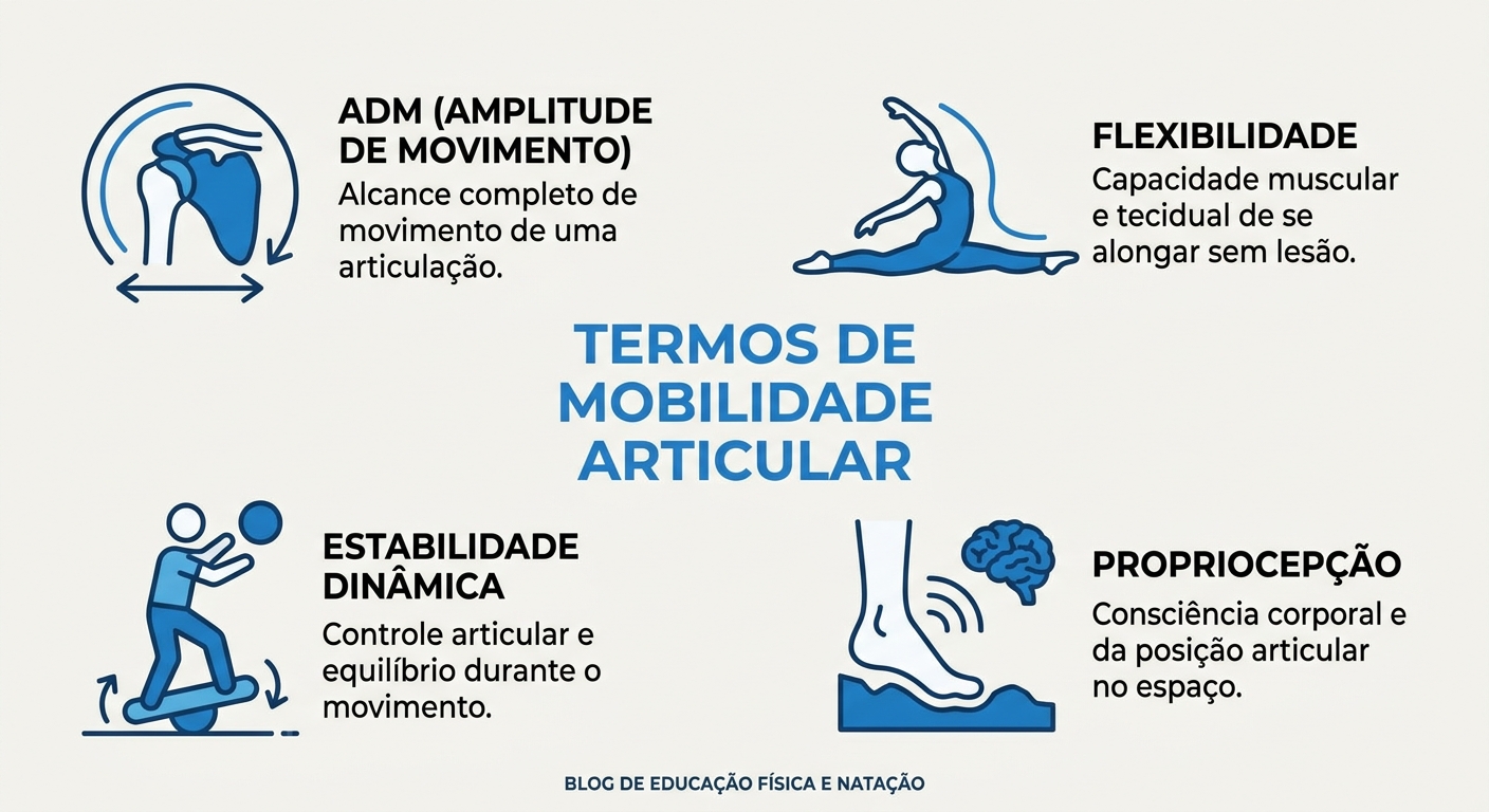 Termos técnicos de mobilidade articular para personal trainer de natação Infográfico educativo com os principais termos de mobilidade articular para natação: ADM, flexibilidade, estabilidade e propriocepção