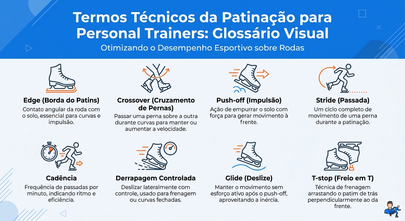 Infográfico com termos técnicos da patinação para personal trainer: edge, crossover, push-off, stride, cadência, derrapagem controlada, glide e T-stop