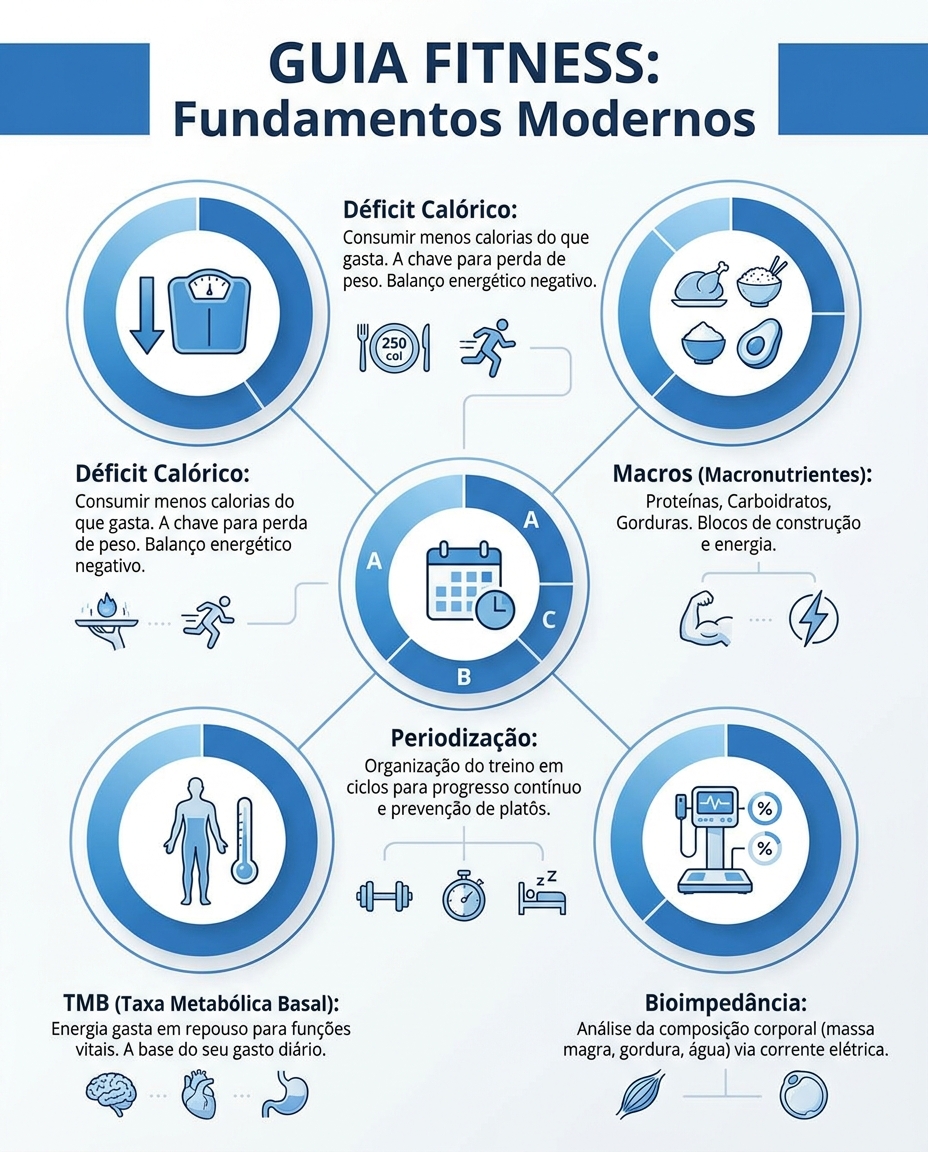 Infográfico com principais termos de personal trainer: déficit calórico, macros, periodização, TMB e bioimpedância