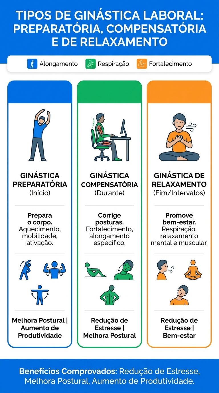 Infográfico com os três tipos de ginástica laboral: preparatória, compensatória e de relaxamento