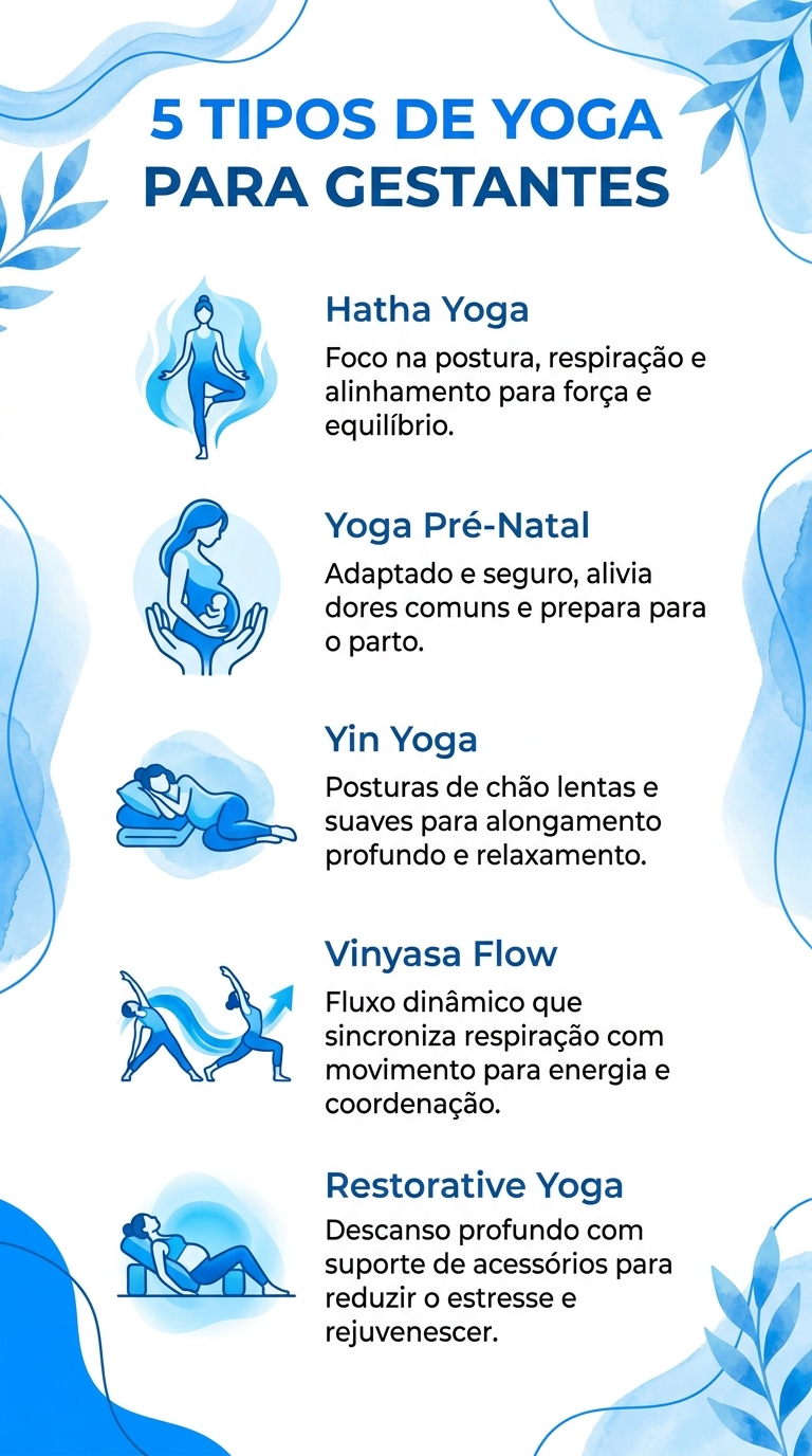 Infográfico com os 5 tipos de yoga para gestantes: Hatha Yoga, Yoga Pré-Natal, Yin Yoga, Vinyasa Flow e Restorative Yoga