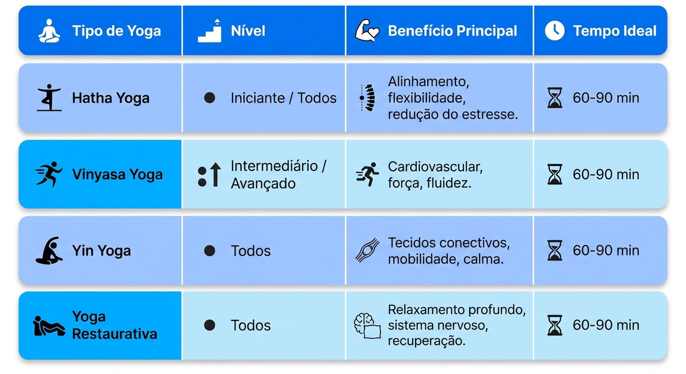 Infográfico comparativo dos tipos de yoga para iniciantes: Hatha, Vinyasa, Yin e Restaurativa