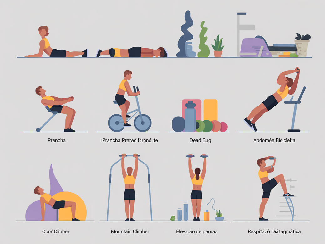 Infográfico com a sequência dos 7 exercícios de abdômen para empresas, mostrando a ordem e o nome de cada um.