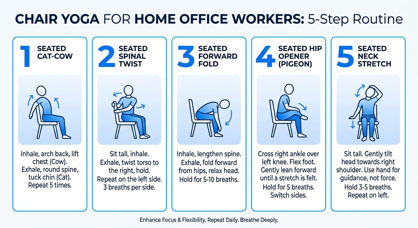 Infográfico com 5 posturas de yoga para fazer na cadeira do home office: torção, pescoço, gato-vaca, águia e respiração
