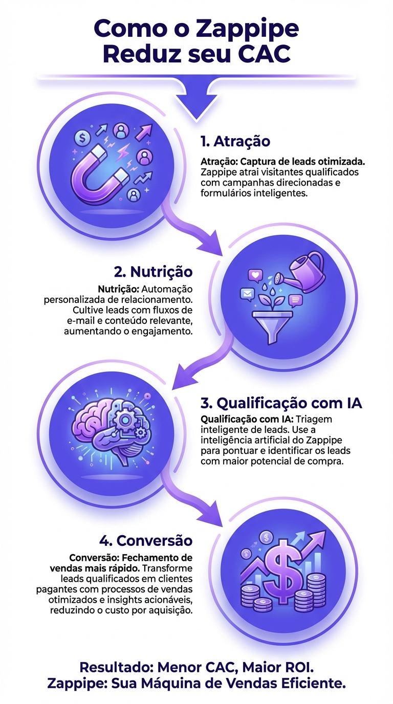 Infográfico explicando como o Zappipe, um CRM para inbound marketing, ajuda a reduzir o Custo de Aquisição de Clientes (CAC).