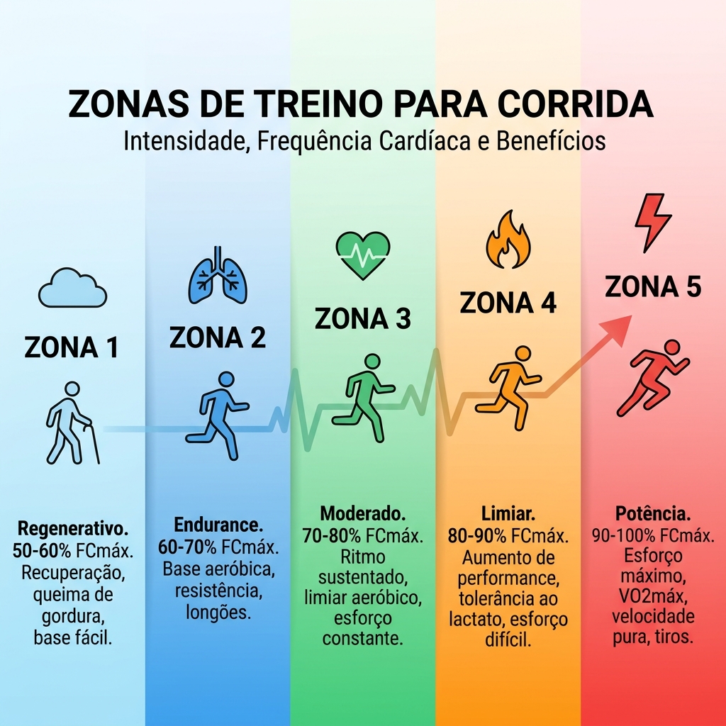 Infográfico colorido das zonas de treino para corrida com 5 faixas de intensidade