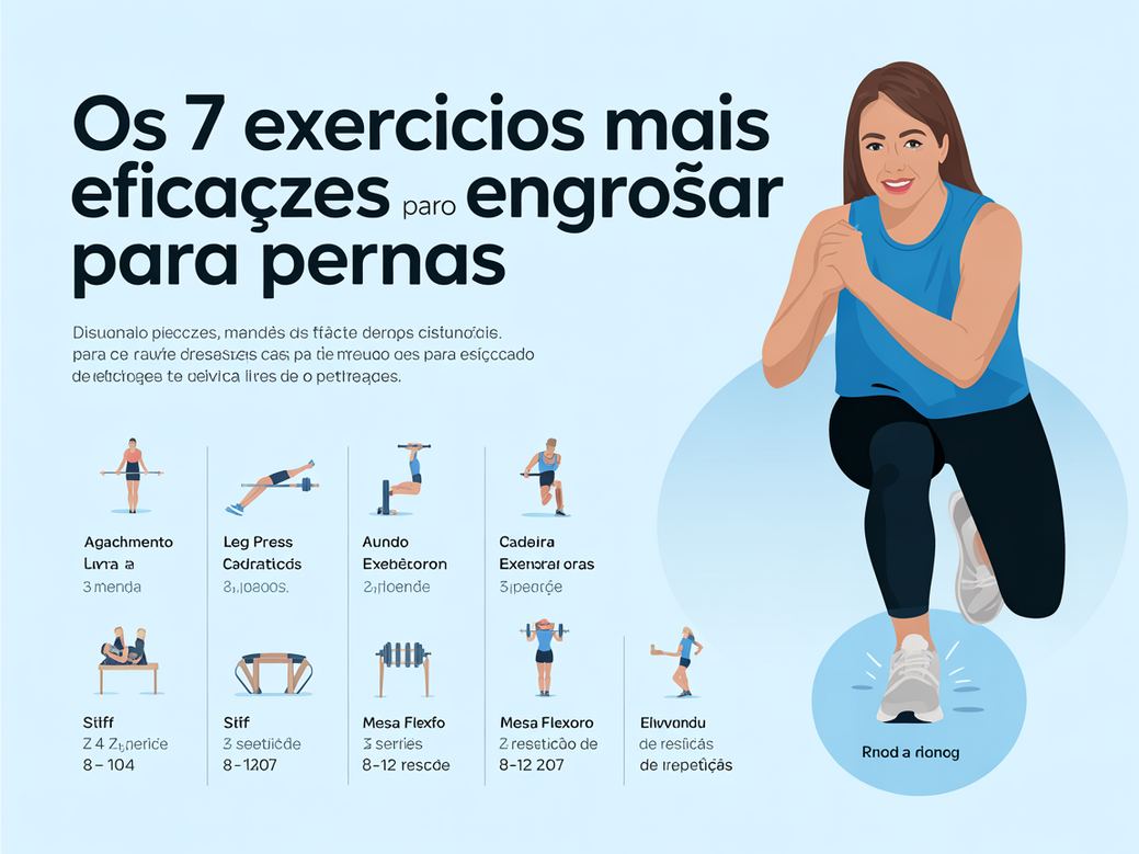 Infográfico com os 7 exercícios para engrossar pernas mais eficazes, incluindo séries e repetições recomendadas.