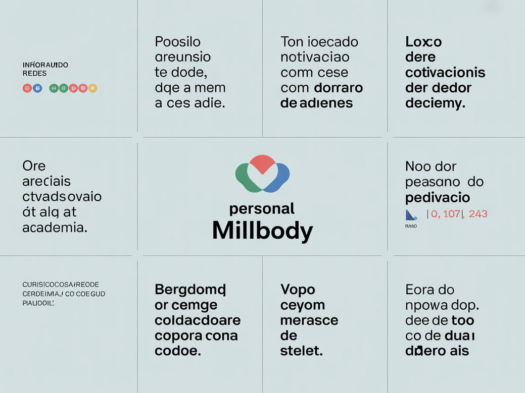 Infográfico com exemplos de frases motivacionais para academia e o logo da Personal Millbody