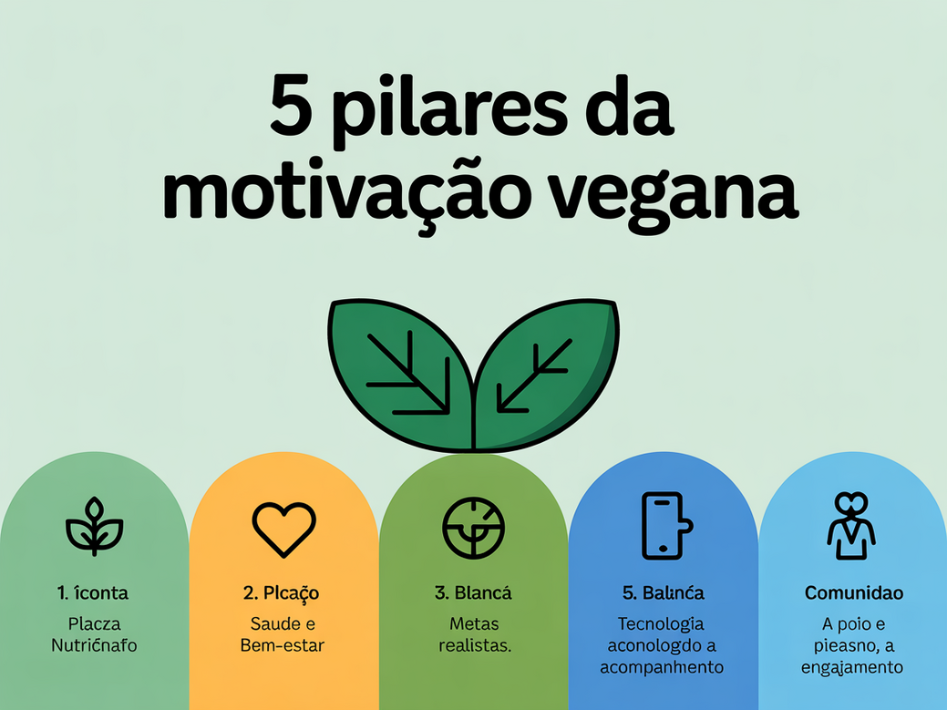 Infográfico com os 5 Pilares da Motivação Vegana para Emagrecimento: Nutrição, Saúde, Metas, Tecnologia e Comunidade.