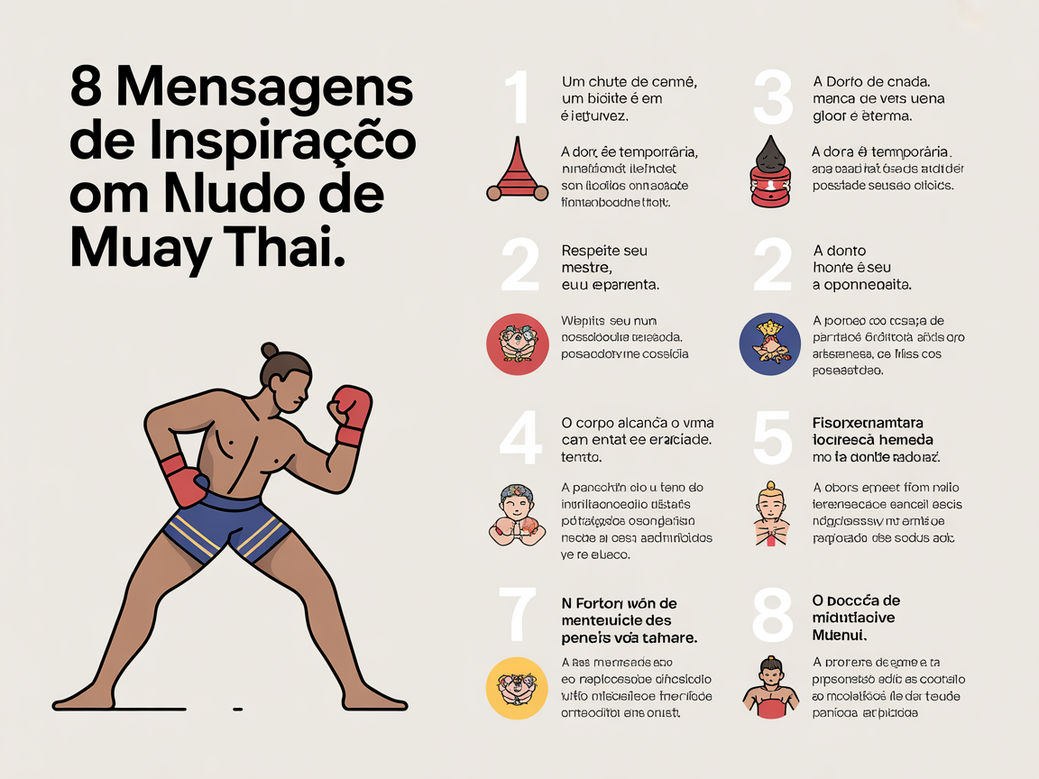 Infográfico com 8 mensagens de inspiração do Muay Thai para coaches de mentalidade fitness, destacando os pontos chave do artigo.